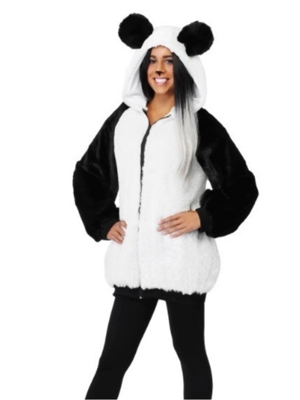 Women’s Adult XL Panda Hoodie Costume Jacket - Black & White Plush Halloween